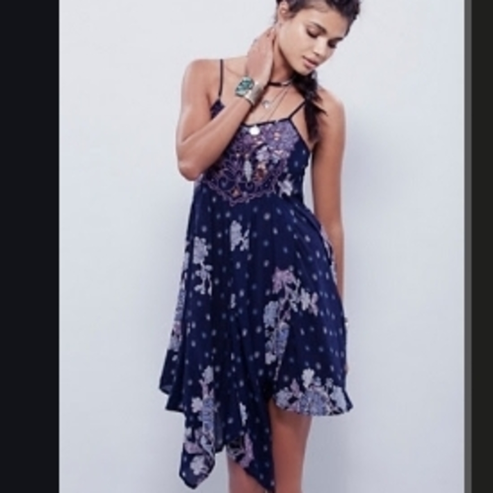 Free People Floral Navy Asymmetrical Crochet Cotton Open Back Dress